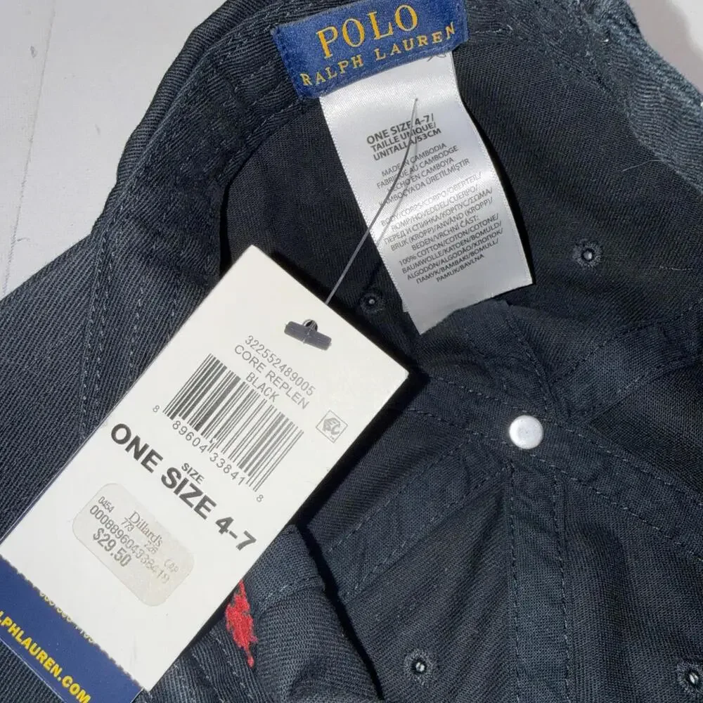 Polo Ralph Lauren Black Strapback Cap Red‎ Pony Size 4-7 Hat New With Defects